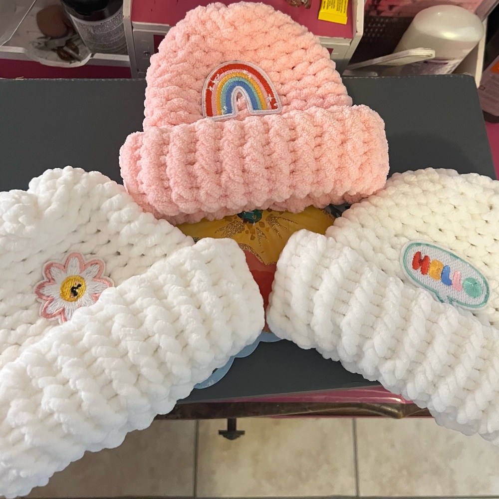 3/Kids Cozy Knit Beanie Set - Pink and White